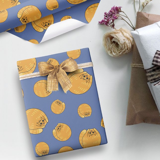 Cute Fat Orange Cat Pattern Blue Wrapping Paper (Creator Uploaded)