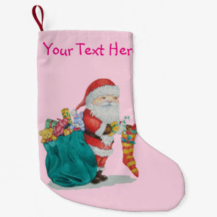 Cute father christmas with toys and gifts in sack small christmas stocking