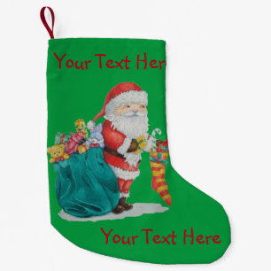 Cute father christmas with toys and gifts in sack small christmas stocking