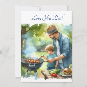 Cute Father & Son Doing Barbeque Watercolor Holiday Card