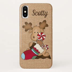 Cute faux burlap Country moose add name iPhone X Case