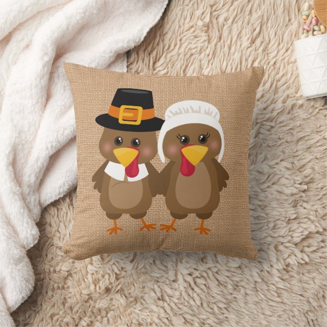 Cute faux burlap Thanksgiving Holiday turkey Cushion (Blanket)