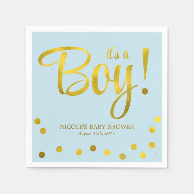 Cute Faux Gold Foil Confetti Boy Baby Shower Napkin (Front)