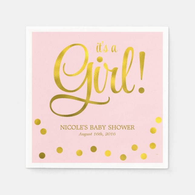 Cute Faux Gold Foil Confetti Girl Baby Shower Napkin (Front)