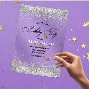Cute faux silver glitter monogram birthday acrylic invitations