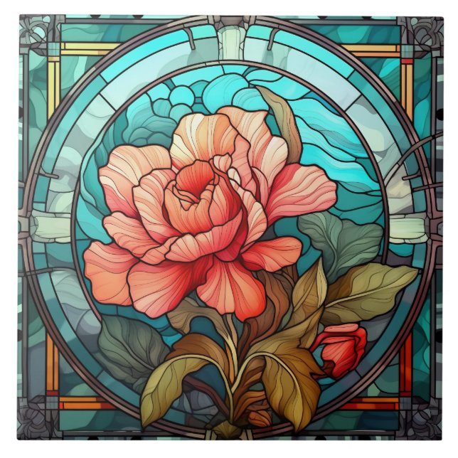 cute faux stained glass lovers flowers ceramic  ceramic tile (Front)