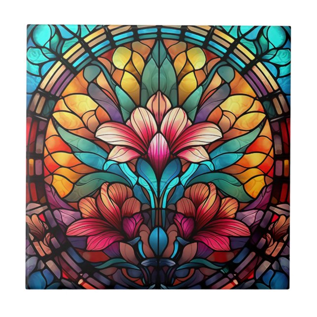 cute faux stained glass lovers flowers  ceramic tile (Front)