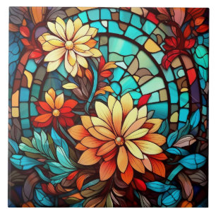 cute faux stained glass lovers flowers  ceramic tile