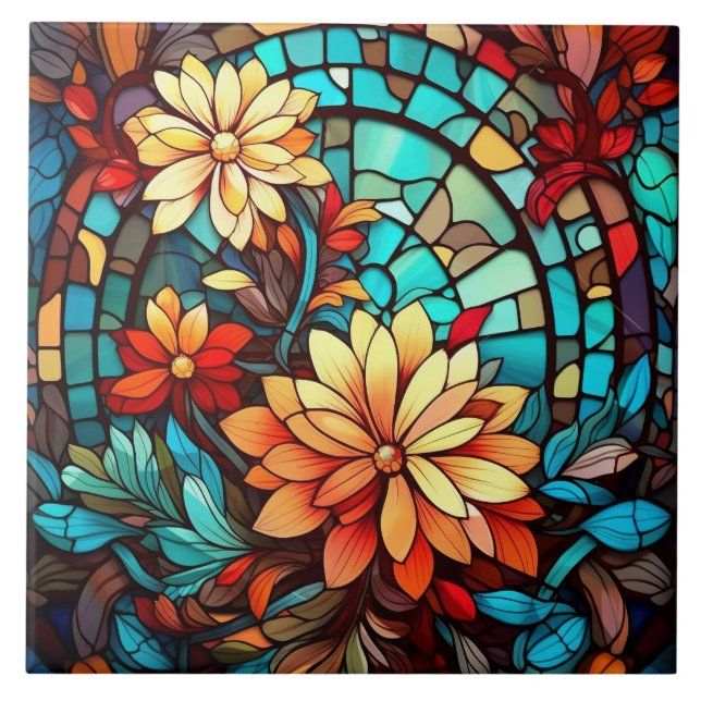 cute faux stained glass lovers flowers  ceramic tile (Front)