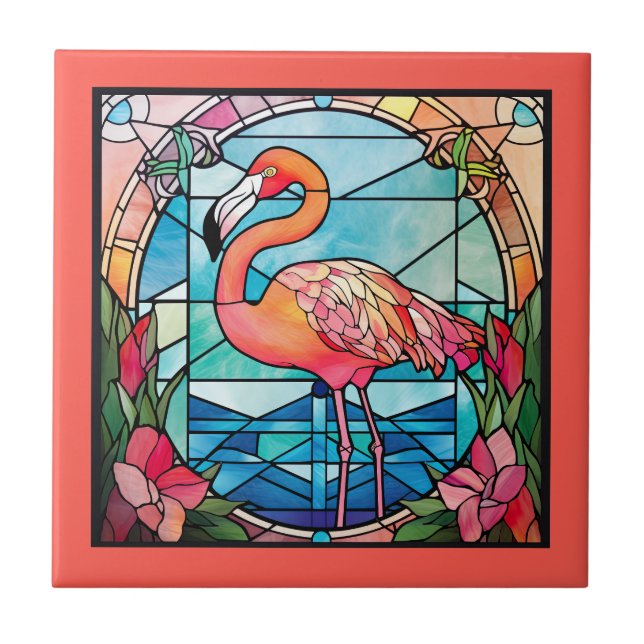 cute faux stained glass  pink flamingo ceramic tile (Front)
