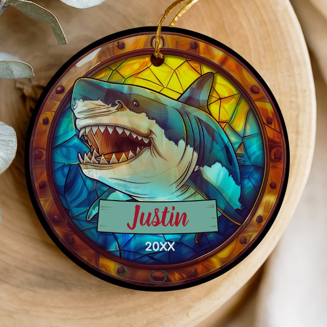 Cute faux stained glass shark christmas keepsake ceramic ornament (Creator Uploaded)
