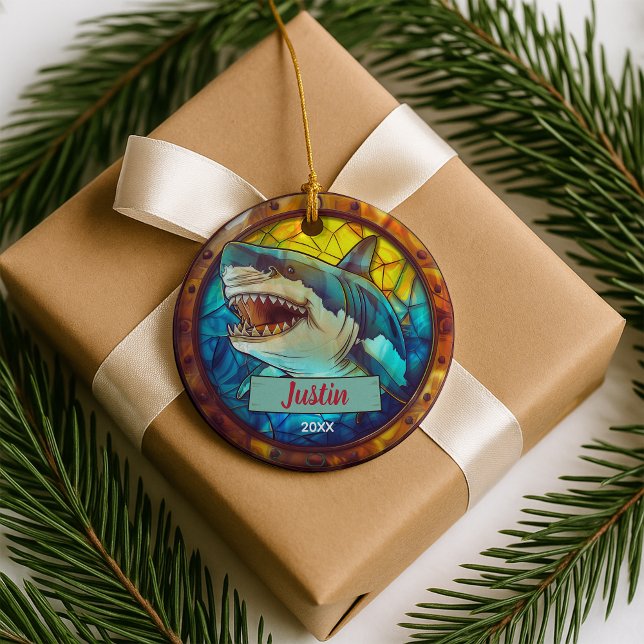Cute faux stained glass shark christmas keepsake ceramic ornament (Creator Uploaded)