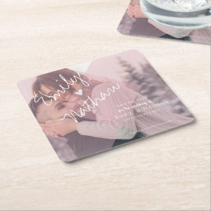 Cute Faux Vellum Heart Pastel Pink Photo Wedding Square Paper Coaster