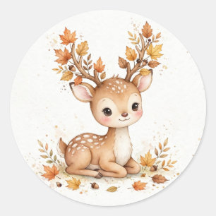 Cute Fawn Autumn Leaves Classic Round Sticker