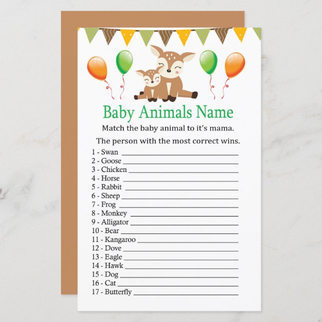 Cute fawn Baby Animals Name Game (Front/Back)