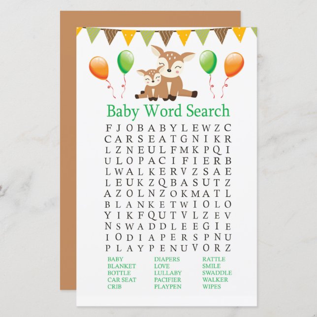 Cute fawn Baby Shower Word Search Game (Front/Back)