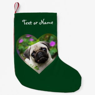 Cute Fawn Colored Pug Puppy Dog Face Pet Photo --- Small Christmas Stocking