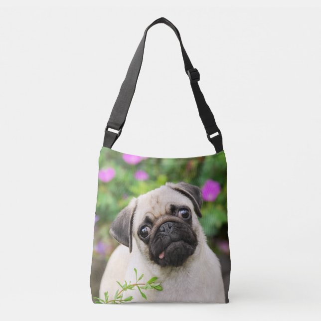 Cute Fawn Coloured Pug Puppy Dog Face Pet Photo - Crossbody Bag (Front)