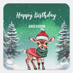 Cute fawn deer Christmas tree birthday girl party Square Sticker