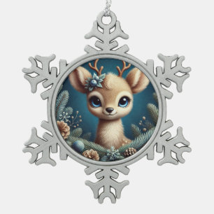Cute Fawn Illustration Snowflake Pewter Christmas Ornament