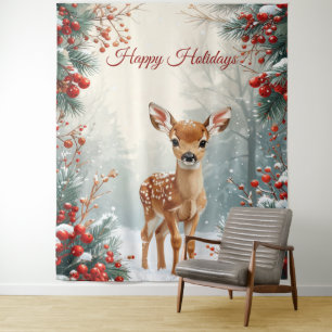 Cute Fawn in a Snowy Forest Backdrop Tapestry