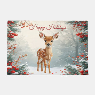 Cute Fawn in a Snowy Forest Doormat