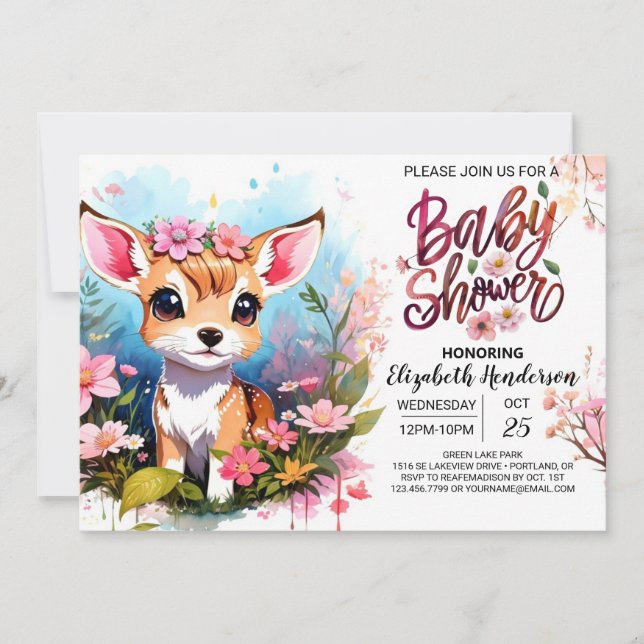 Cute Fawn Princess Woodland Girl Baby Shower Invitation (Front)