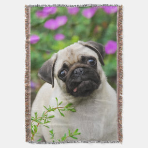 Cute Fawn Pug Puppy in a Garden Throw Blanket