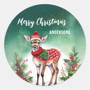 Cute Fawn reindeer Santa Christmas birthday party Classic Round Sticker