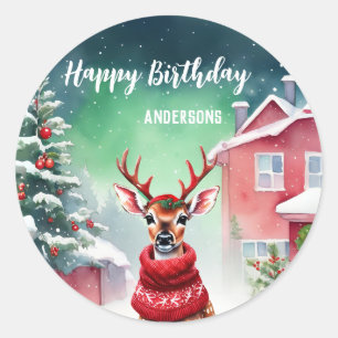Cute Fawn reindeer Santa Christmas birthday party Classic Round Sticker