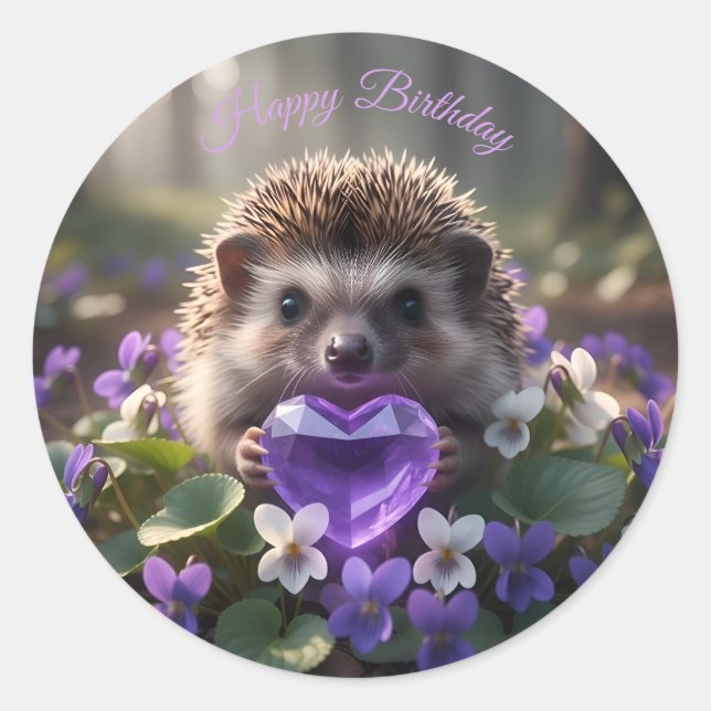 Cute February Hedgehog with Amethyst Heart Classic Round Sticker (Front)