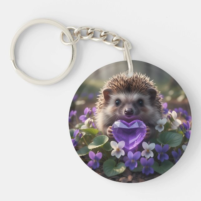 Cute February Hedgehog with Amethyst Heart Key Ring (Front)