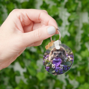 Cute February Hedgehog with Amethyst Heart Key Ring