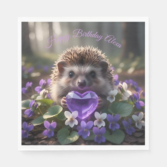 Cute February Hedgehog with Amethyst Heart Napkin (Front)