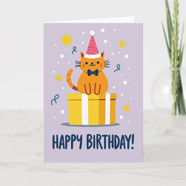 Cute Feline Party Hat Card (Front)