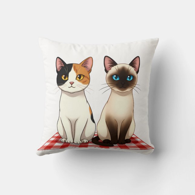 Cute Felines on Red Checkered Blanket Cushion (Back)