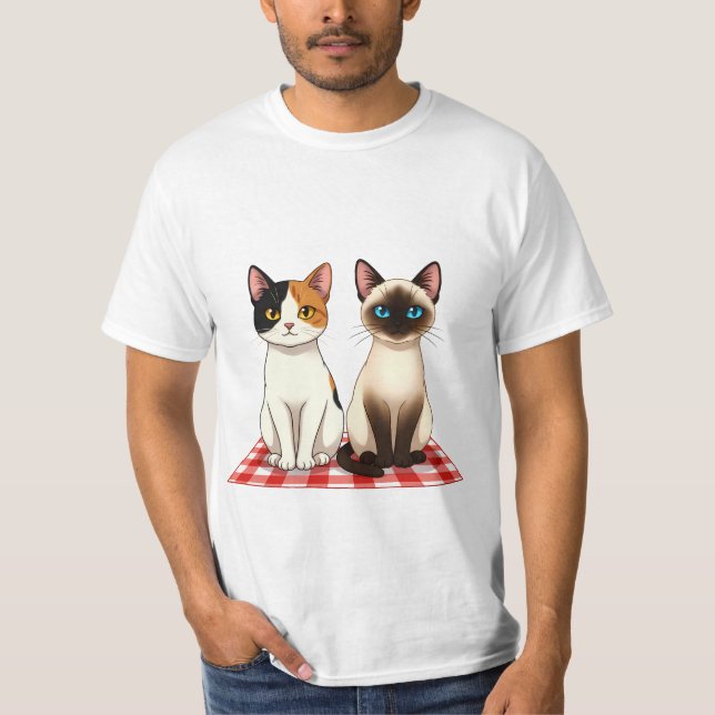 Cute Felines on Red Checkered Blanket T-Shirt (Front)