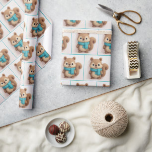 Cute Felt Squirrel Wearing a Cozy Scarf Wrapping Paper