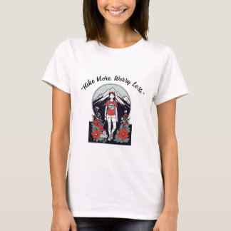 "Cute Female Hiker with Flowers and Mountains" T-Shirt