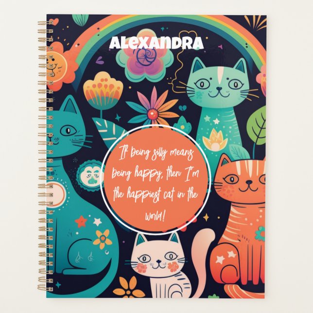 Cute Feminine Boho Style Cats, Flowers, Rainbow Planner (Front)