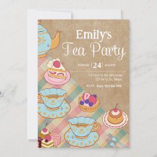 Cute Feminine Pink Blue Tea Party Birthday  Invitation