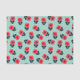 Cute Feminine  Red Aqua Floral Pattern Tissue Paper