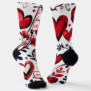 Cute feminine red hearts, floral. Monogram. Socks
