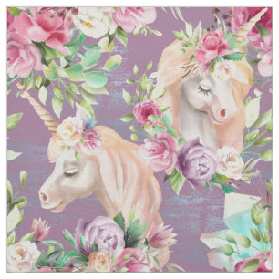Cute Feminine White Unicorns Pink Purple Flowers Fabric