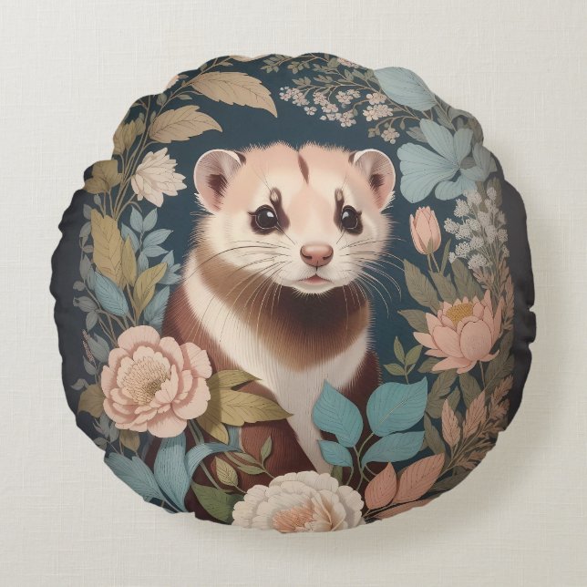 Cute Ferret Elegant Pastel Floral Garden  Round Cushion (Front)