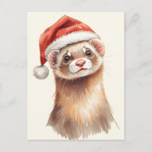 Cute Ferret in Santa Hat Watercolor Holiday Postcard