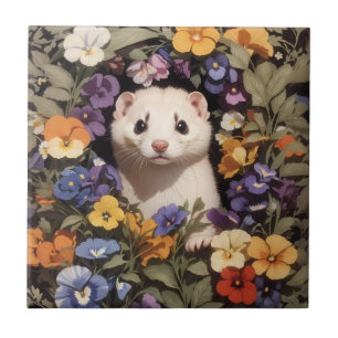 Cute Ferret Nestled In Pansies Garden Ceramic Tile
