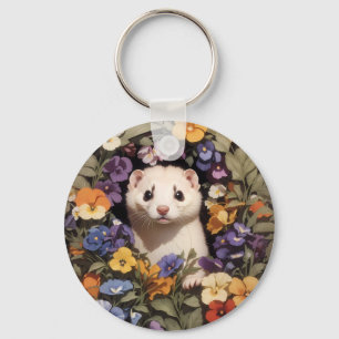 Cute Ferret Nestled In Pansies Garden Key Ring