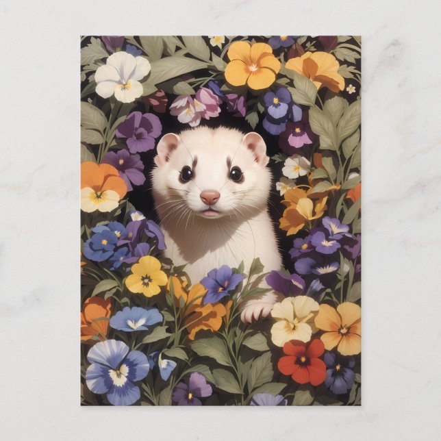 Cute Ferret Nestled In Pansies Garden Postcard (Front)