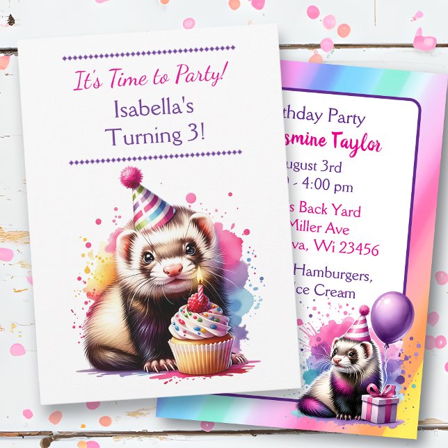Cute Ferret Themed Girl's Birthday Party Invitation (Creator Uploaded)